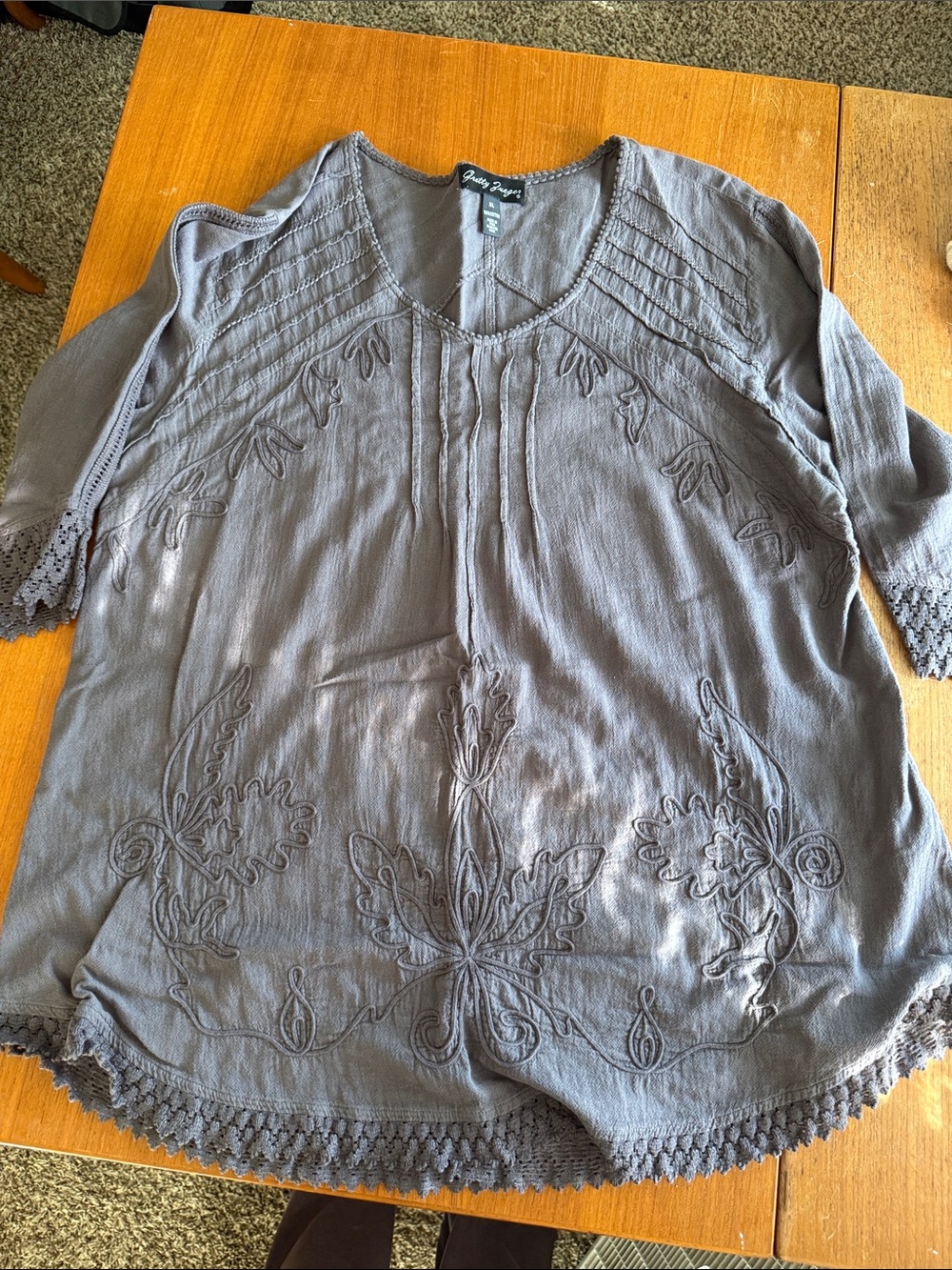 Embroidered V-Neck Tunic with Crochet Trim - Gray